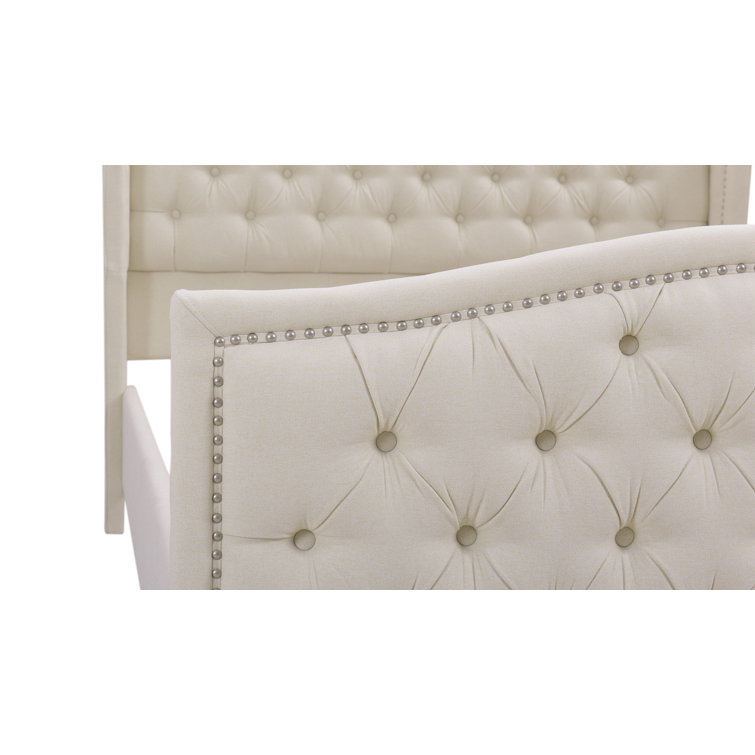 Sky Neutral Queen Upholstered Wingback Bed with Nailhead Trim