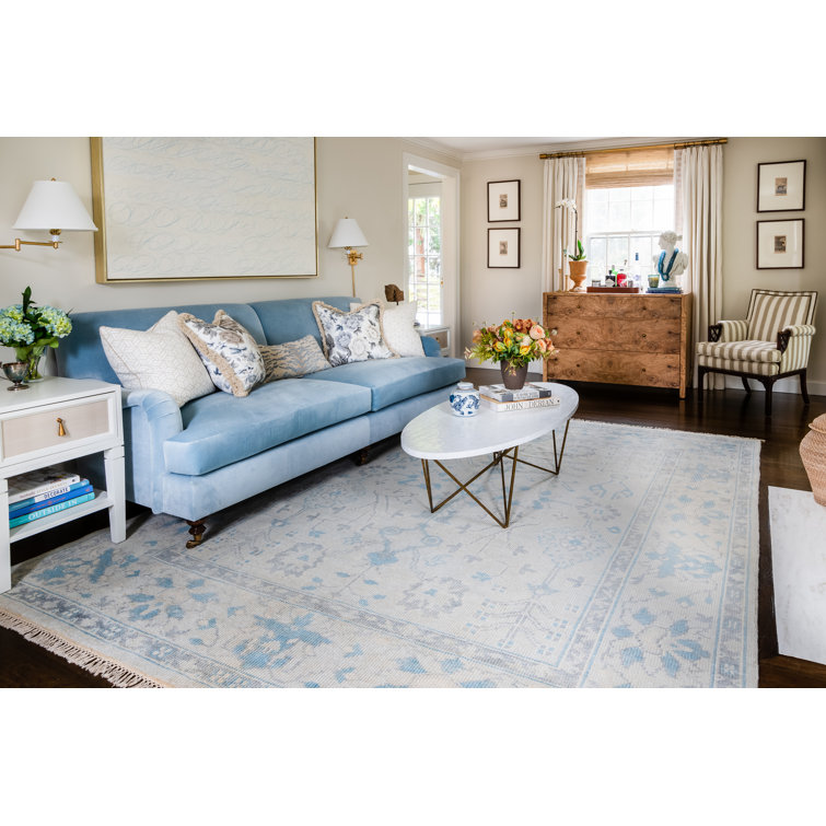 Ivory and Blue Hand-Knotted Wool Area Rug 2' x 3'