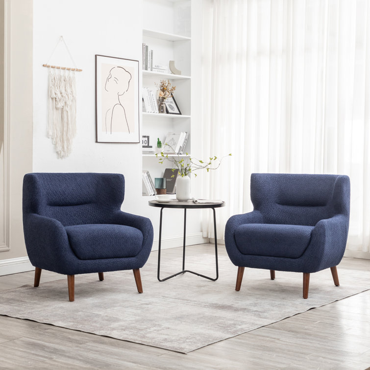 Blue Velvet Barrel Accent Chair Set with Solid Wood Legs