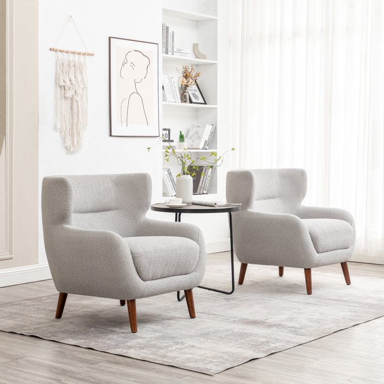 Gray Velvet Barrel Accent Chair Set with Solid Wood Legs