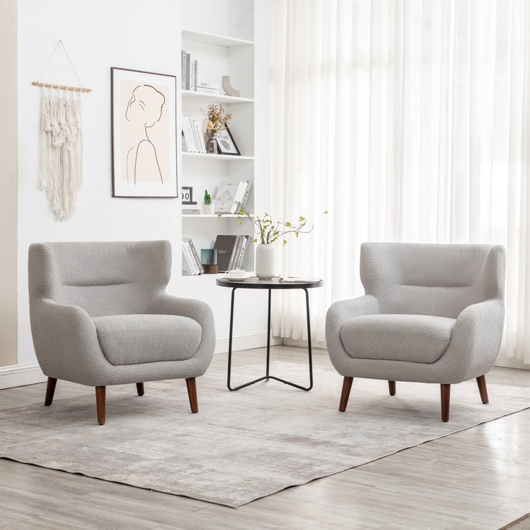 Gray Velvet Barrel Accent Chair Set with Solid Wood Legs