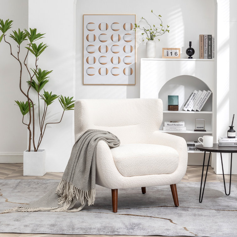 White Velvet Upholstered Barrel Accent Chair Set with Wooden Legs