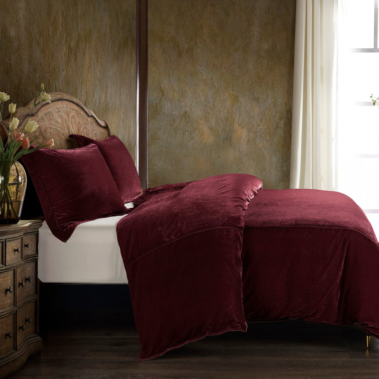 King Garnet Red Faux Silk Velvet Duvet Cover Set