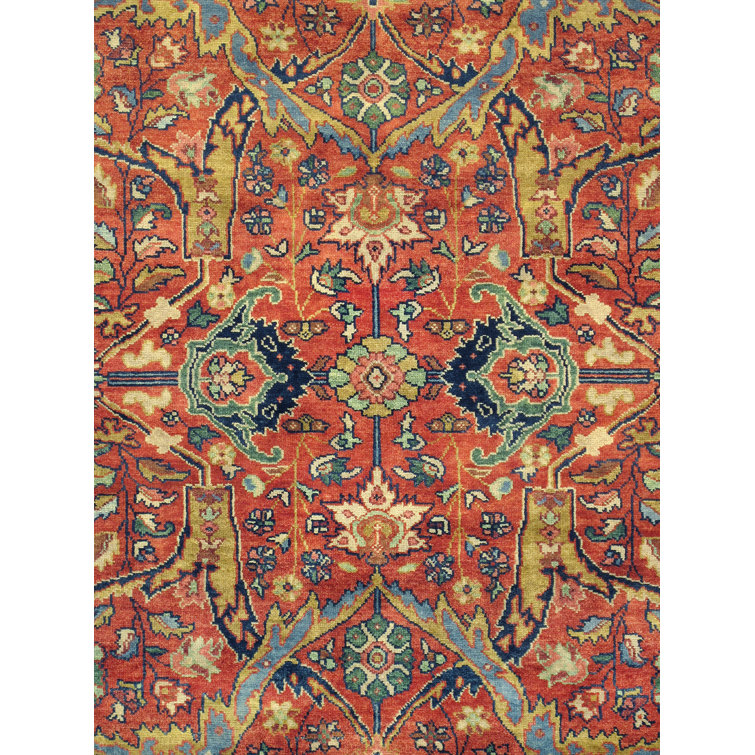 Elegant Mahal Hand-Knotted Wool Area Rug in Rust Red, 6' x 8'9"