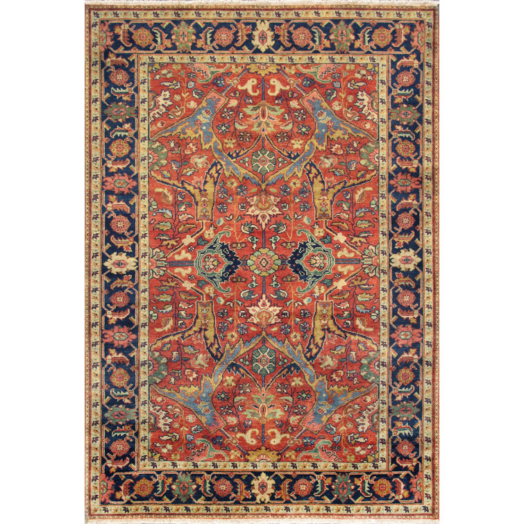 Elegant Mahal Hand-Knotted Wool Area Rug in Rust Red, 6' x 8'9"
