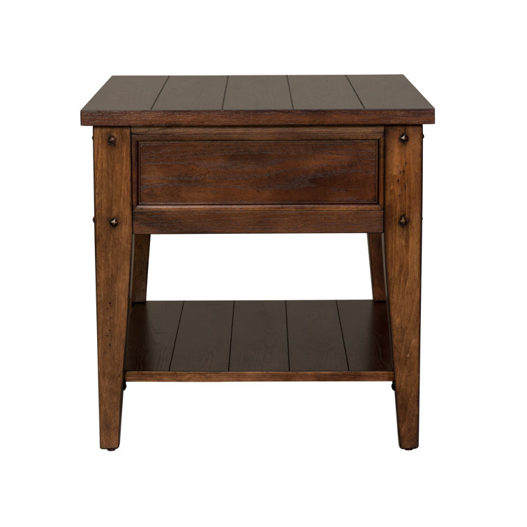 Rustic Brown Oak Rectangular Wood End Table with Storage