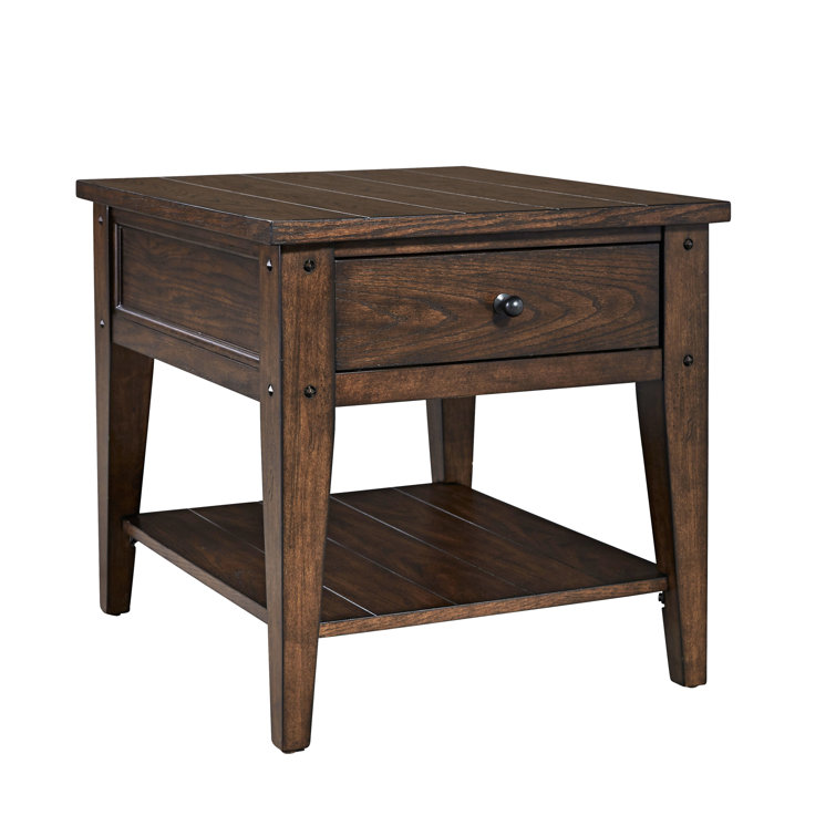 Rustic Brown Oak Rectangular Wood End Table with Storage