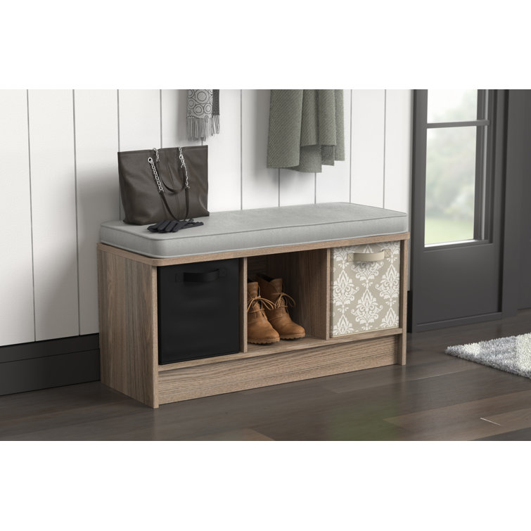 Natural Gray Composite Storage Bench with Cushioned Seat and Cubbies