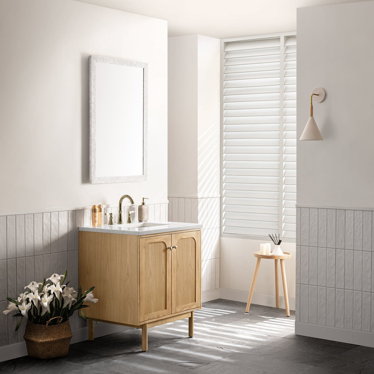 Light Natural Oak Wall-Mount Single Vanity with White Quartz Top