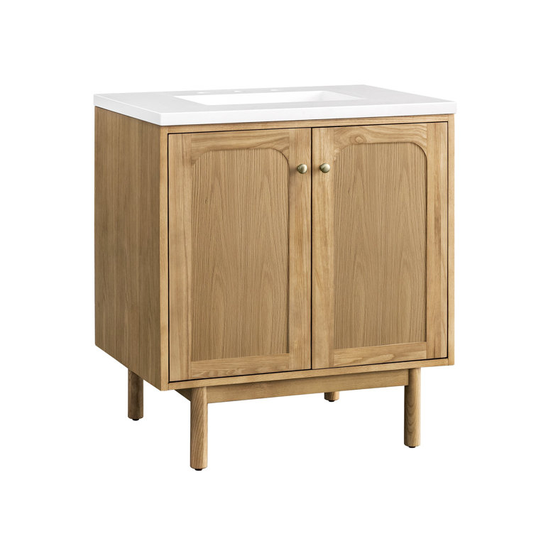 Light Natural Oak Wall-Mount Single Vanity with White Quartz Top