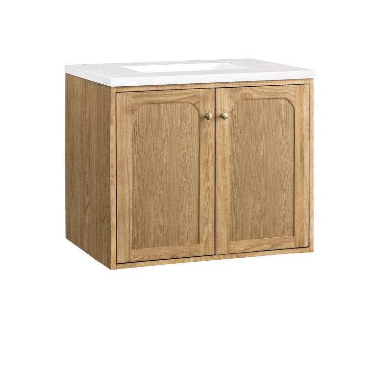 Light Natural Oak Wall-Mount Single Vanity with White Quartz Top
