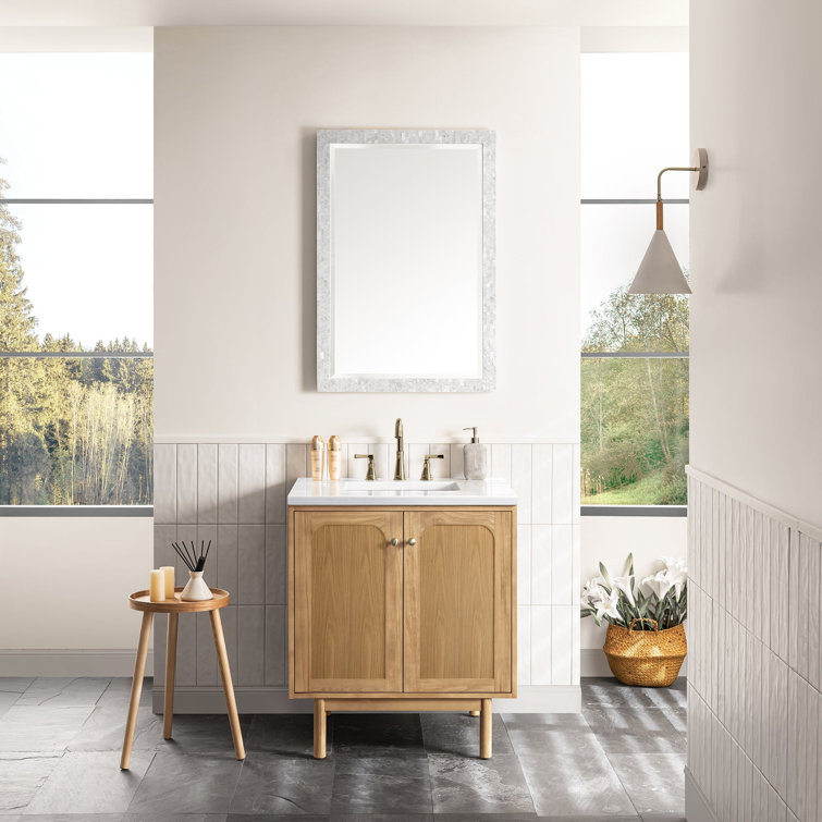 Light Natural Oak Wall-Mount Single Vanity with White Quartz Top