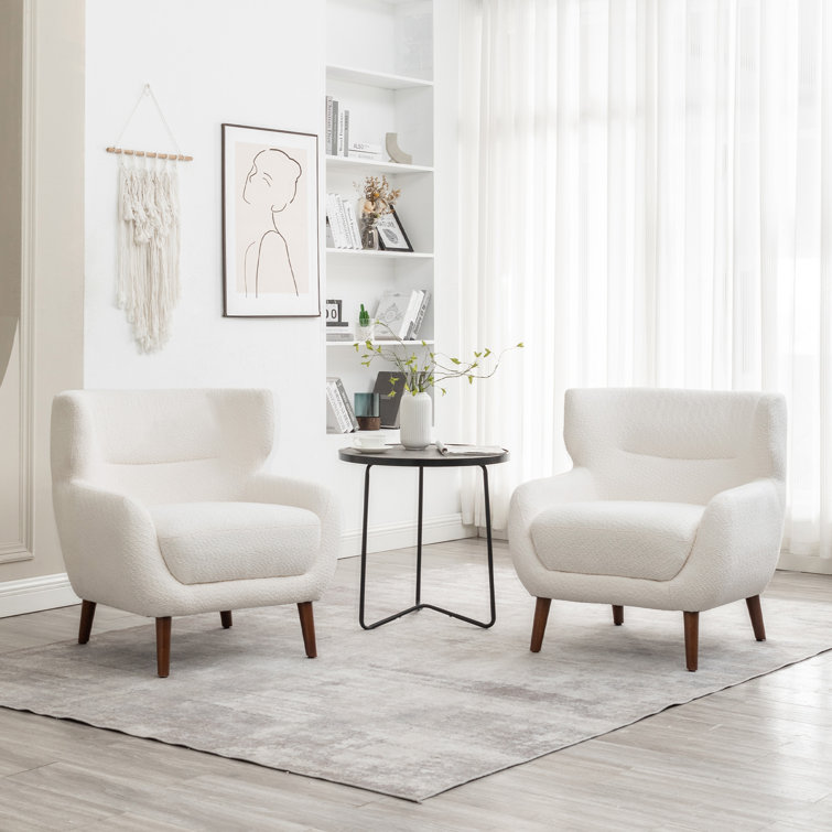 White Velvet Upholstered Barrel Accent Chair Set with Wooden Legs