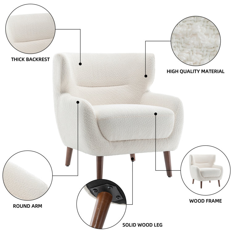 White Velvet Upholstered Barrel Accent Chair Set with Wooden Legs