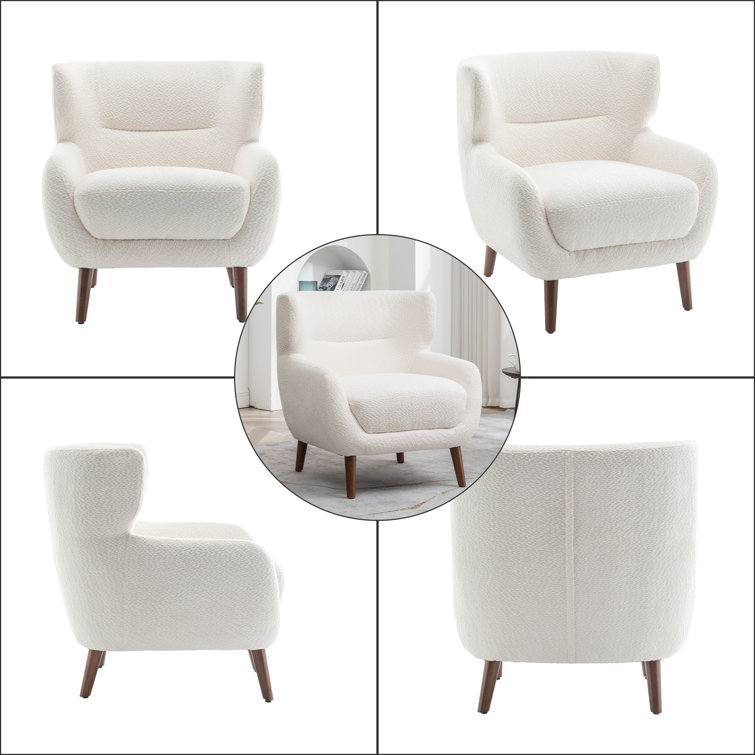 White Velvet Upholstered Barrel Accent Chair Set with Wooden Legs