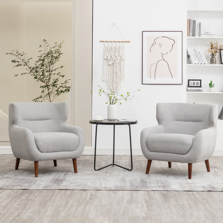 Gray Velvet Barrel Accent Chair Set with Solid Wood Legs