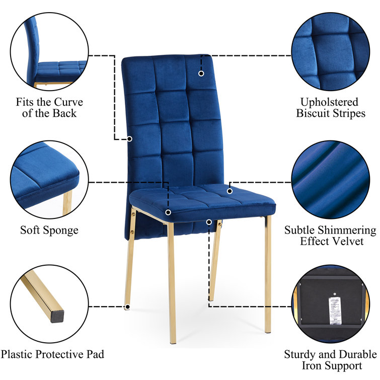 Blue Velvet High Back Side Chair with Golden Metal Legs