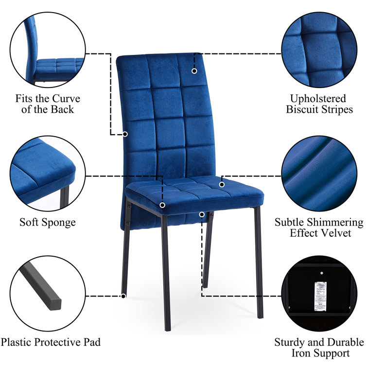 Navy Blue Velvet High Back Side Chairs with Black Metal Legs, Set of 4