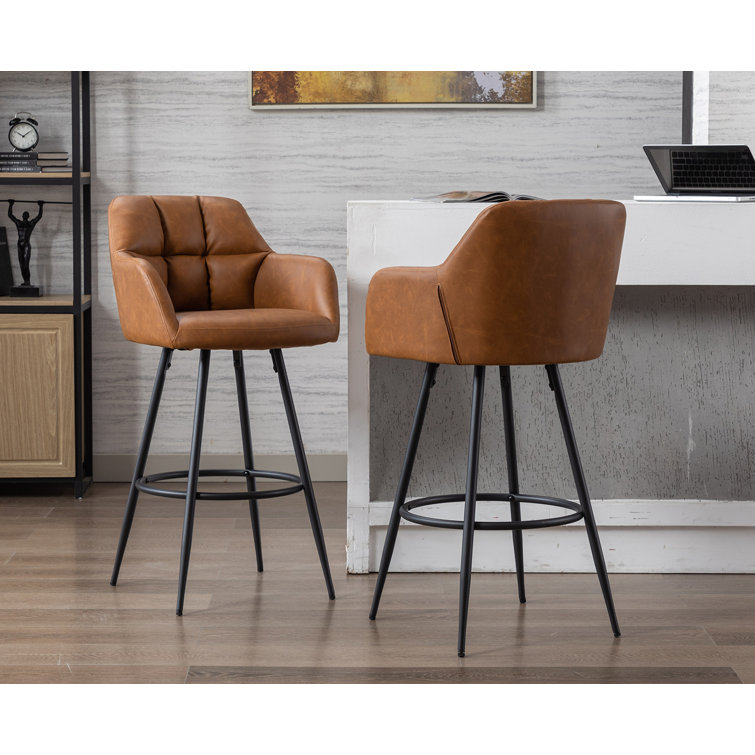 Modern Brown Faux Leather Swivel Bar Stools with Iron Base, Set of 2