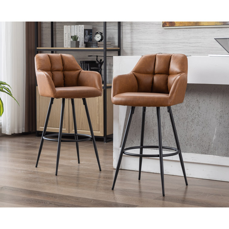 Modern Brown Faux Leather Swivel Bar Stools with Iron Base, Set of 2