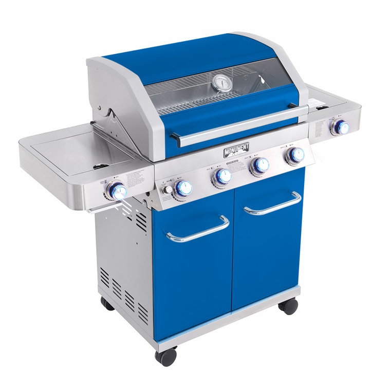 Monument Blue Stainless Steel 4-Burner Propane Gas Grill with Infrared Side Burner