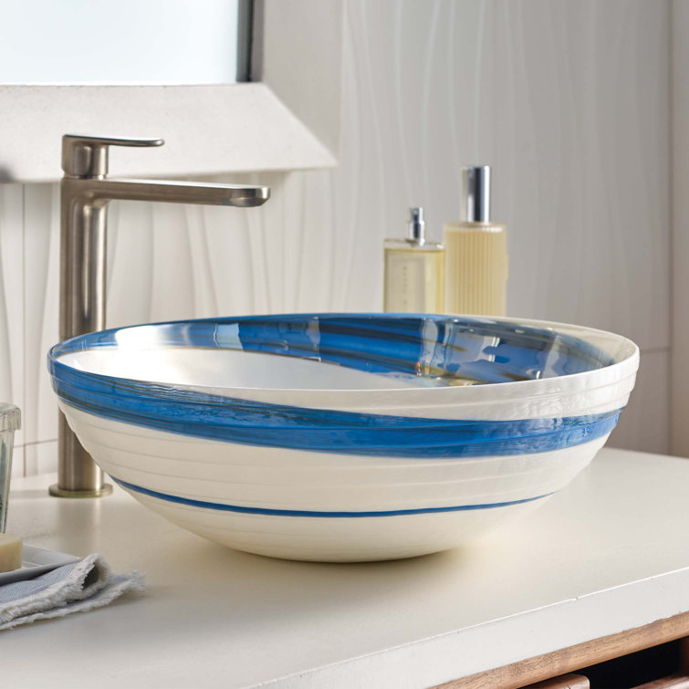 Marina Blue and White Glass Vessel Bathroom Sink