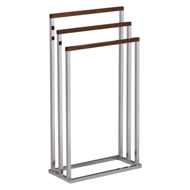 Chrome and Walnut 3-Tier Freestanding Towel Stand