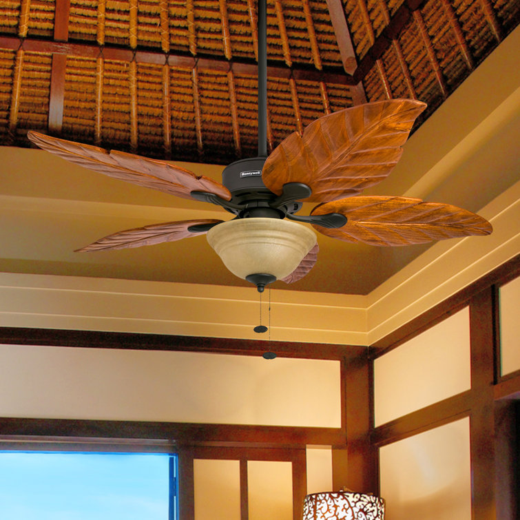 52" Bronze Tropical Ceiling Fan with Hand-Carved Wood Blades