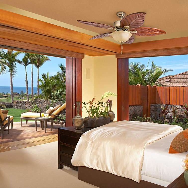 52" Brass Tropical Ceiling Fan with Hand Carved Wood Blades