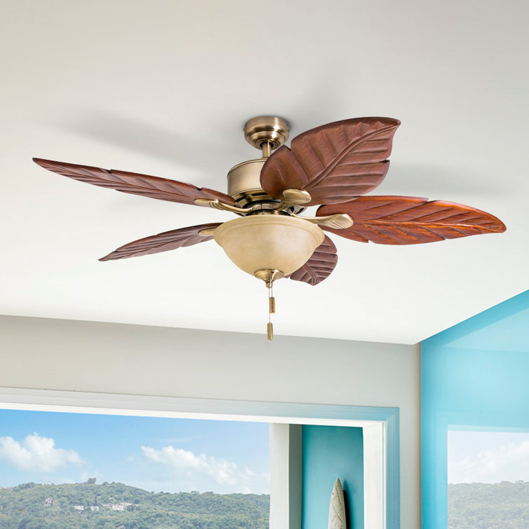 52" Brass Tropical Ceiling Fan with Hand Carved Wood Blades