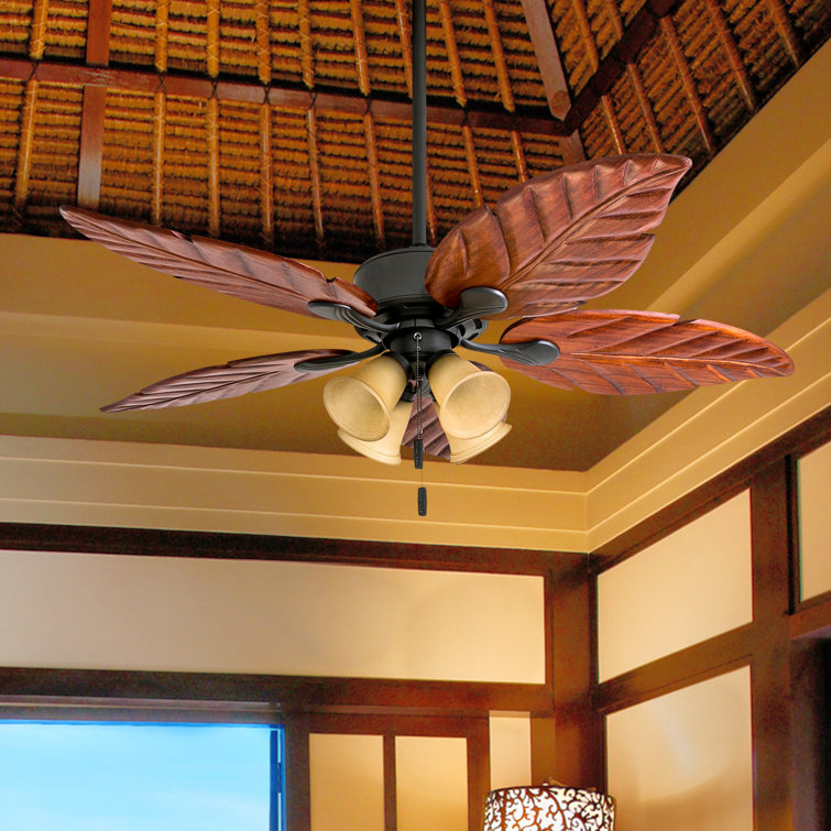 52" Bronze Tropical Ceiling Fan with Hand Carved Blades and LED Light