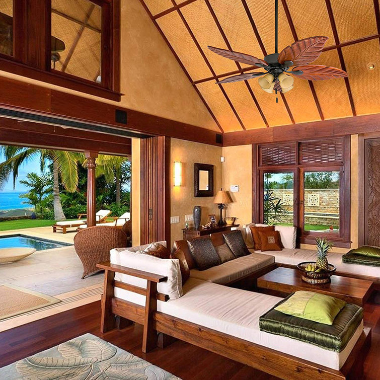 52" Bronze Tropical Ceiling Fan with Hand Carved Blades and LED Light