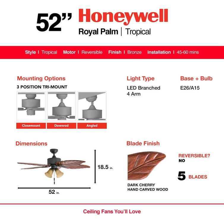 52" Bronze Tropical Ceiling Fan with Hand Carved Blades and LED Light