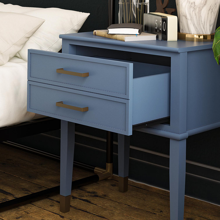 Stone Blue Wooden End Table with Gold Accents and Storage