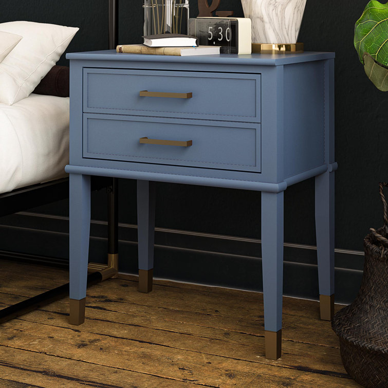 Stone Blue Wooden End Table with Gold Accents and Storage