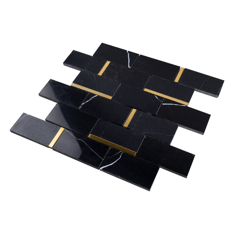 Bianco 12x12 Black and Gold Marble Brick Joint Mosaic Tile