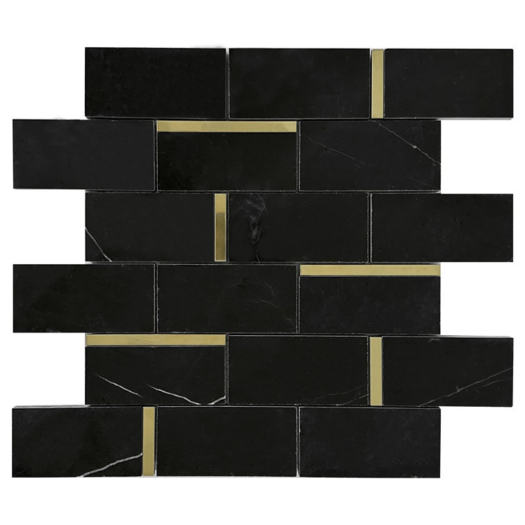 Bianco 12x12 Black and Gold Marble Brick Joint Mosaic Tile