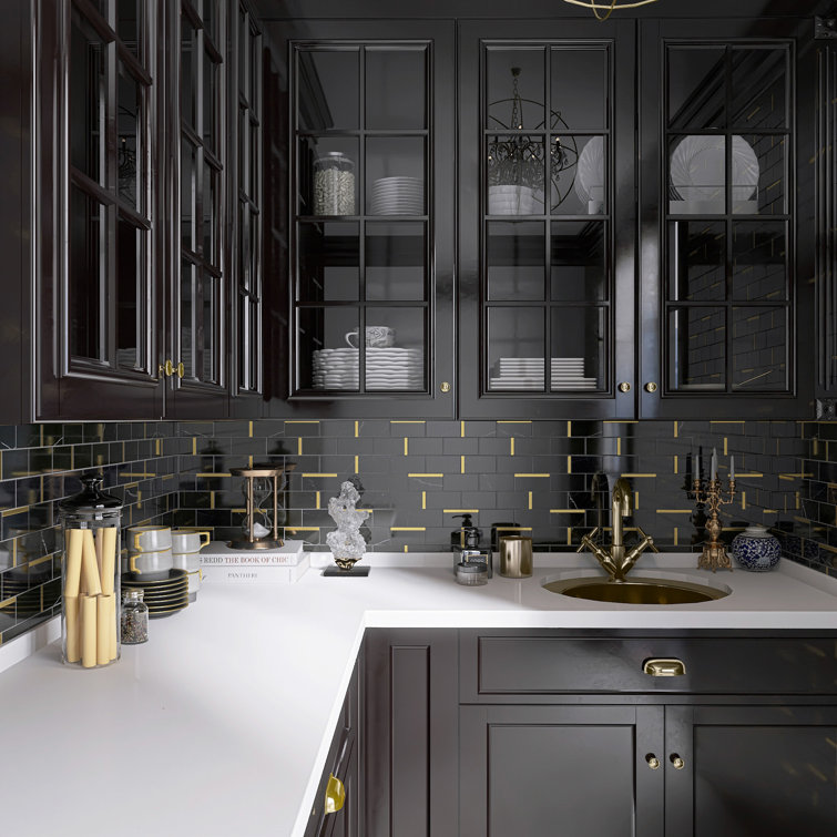 Bianco 12x12 Black and Gold Marble Brick Joint Mosaic Tile