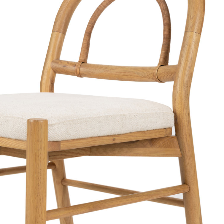 High Burnished Oak and Cane Side Chair with White Linen Upholstery