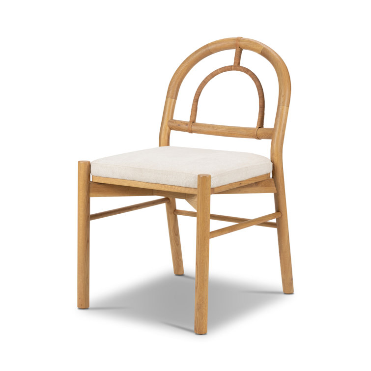 High Burnished Oak and Cane Side Chair with White Linen Upholstery