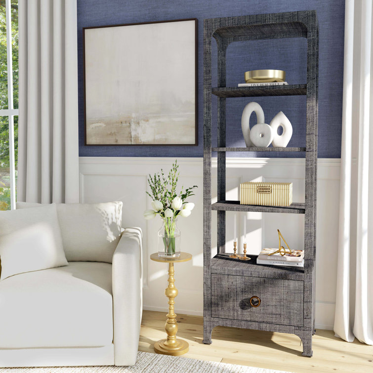 Gray Raffia Transitional Etagere Bookcase with Drawer
