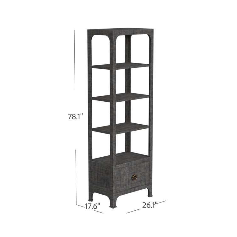 Gray Raffia Transitional Etagere Bookcase with Drawer