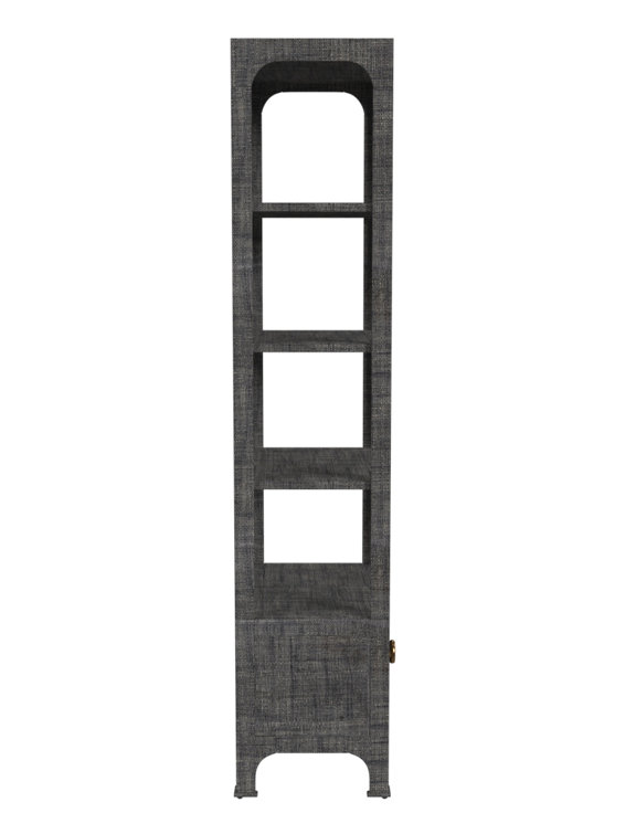 Gray Raffia Transitional Etagere Bookcase with Drawer