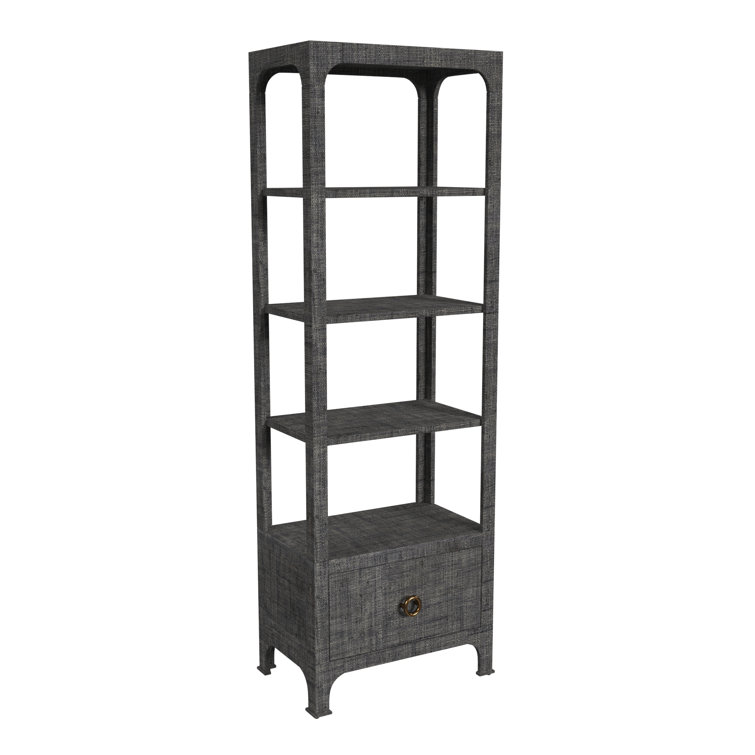 Gray Raffia Transitional Etagere Bookcase with Drawer