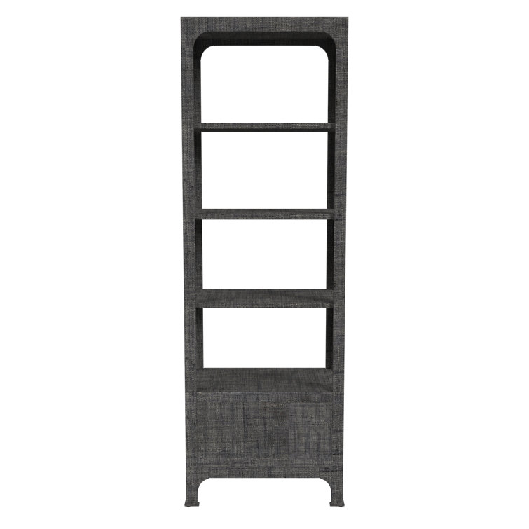 Gray Raffia Transitional Etagere Bookcase with Drawer