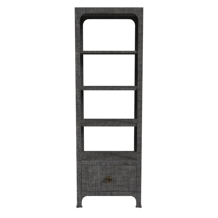 Gray Raffia Transitional Etagere Bookcase with Drawer