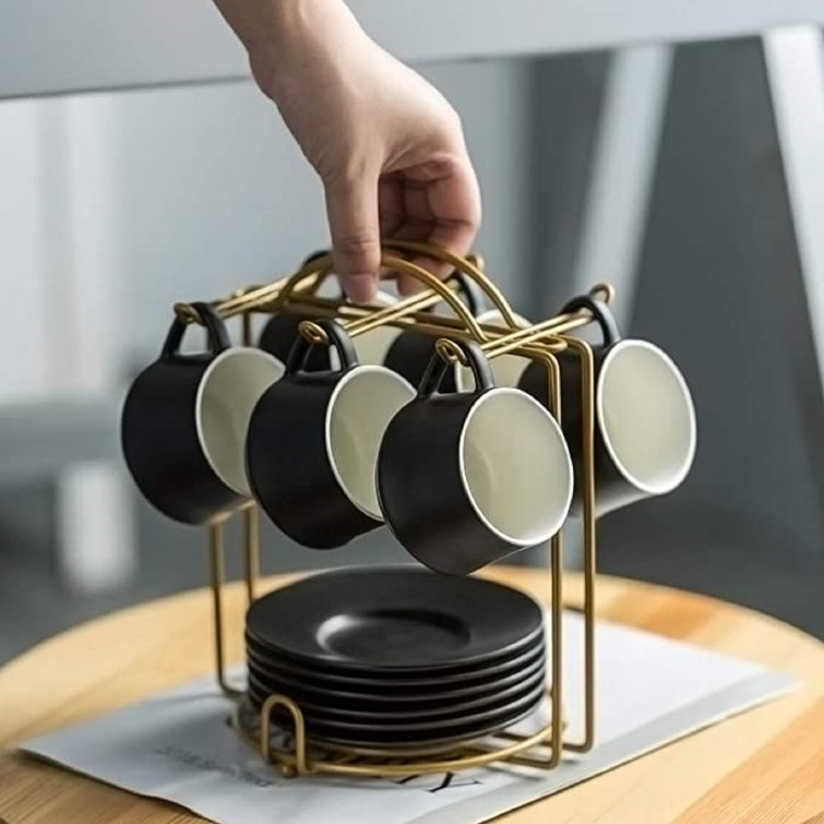 Black Ceramic Espresso Cups with Saucers and Gold Stand Set of 6