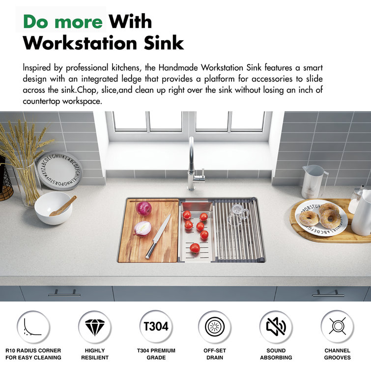 30-Inch Stainless Steel Single Bowl Undermount Workstation Sink