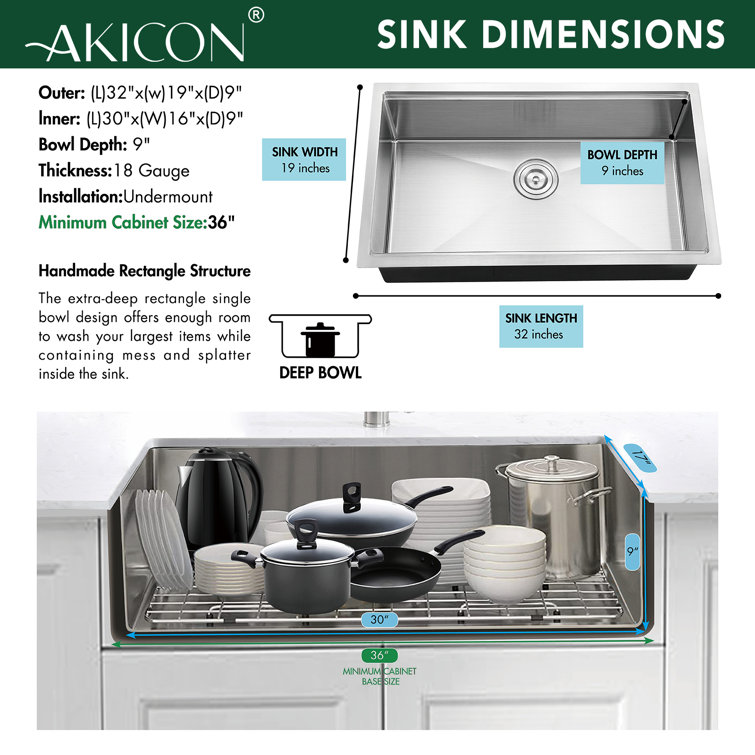 32" Stainless Steel Undermount Single Bowl Kitchen Sink