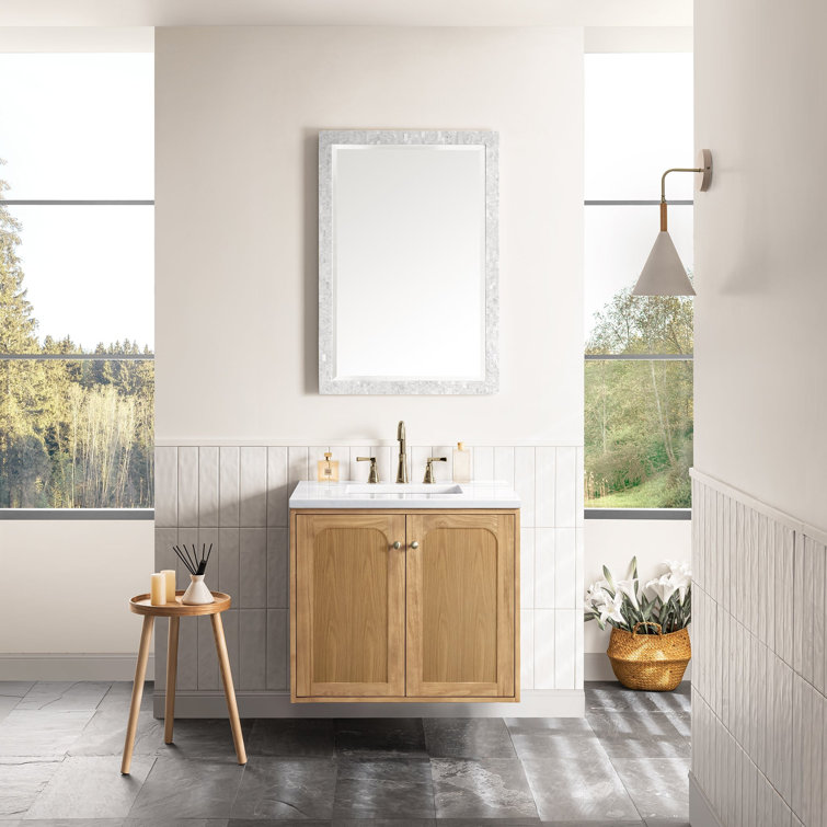 Light Natural Oak Wall-Mount Single Vanity with White Quartz Top